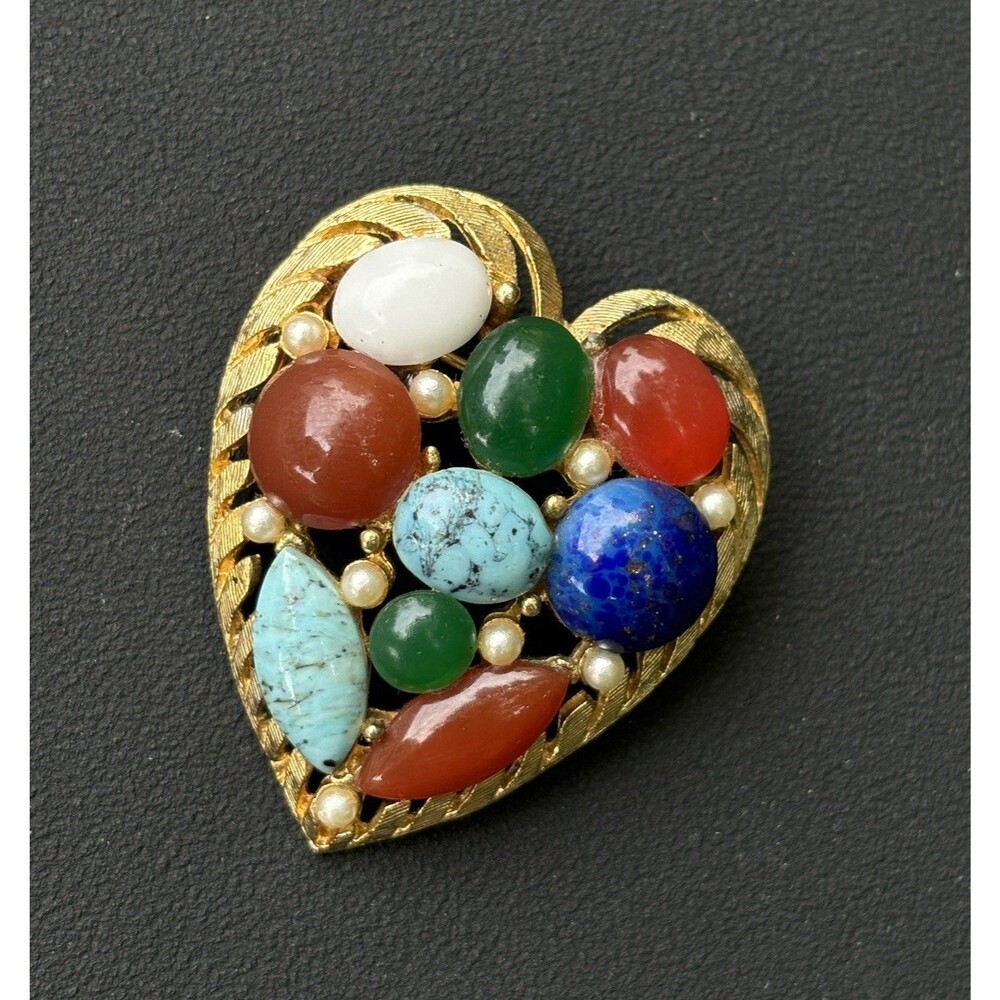 Vintage BSK Faux Gemstone Glass Cabochon Gold Tone Heart Multicolor Pin Brooch